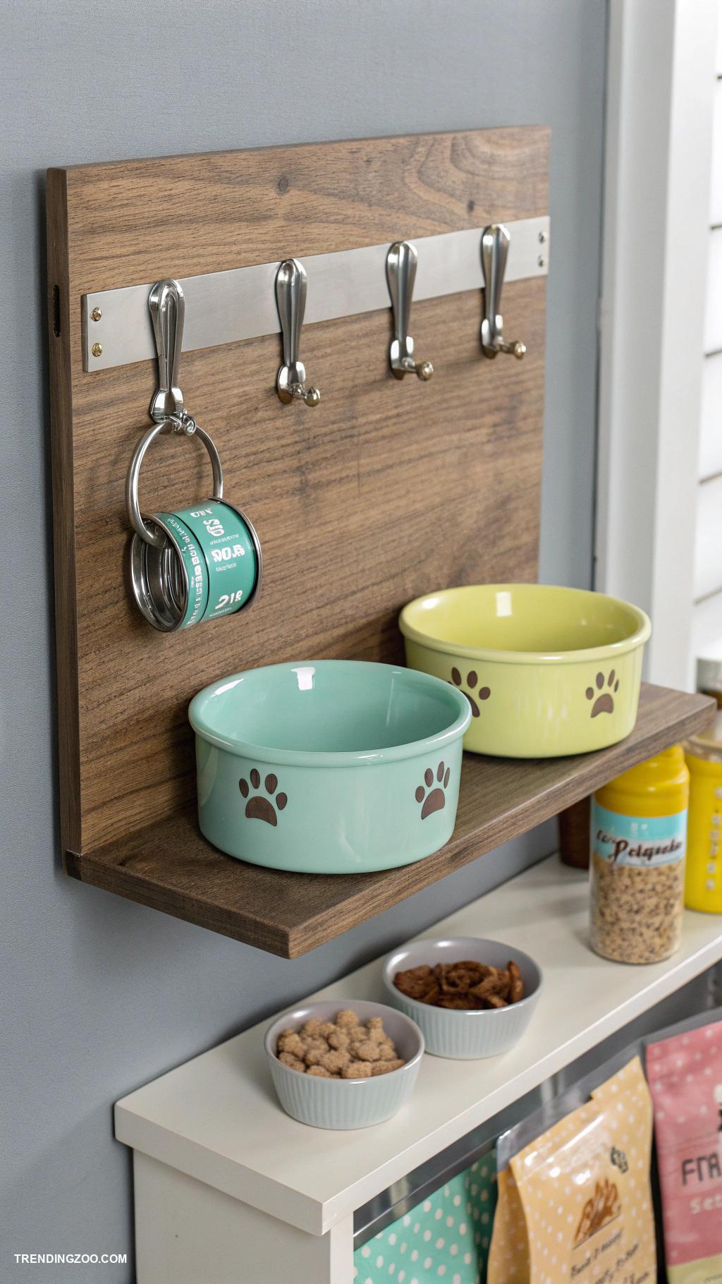 pet supplies organization ideas Wall mounted hooks for food and water bowls