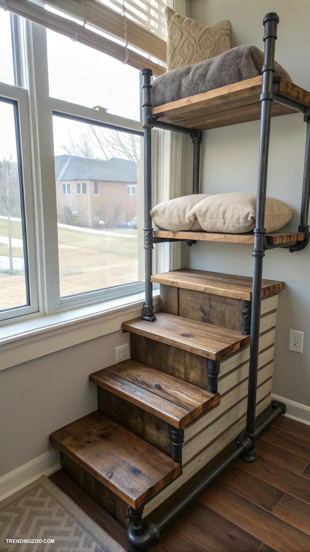 pet window perch with stairs Industrial pipe shelf with stair access