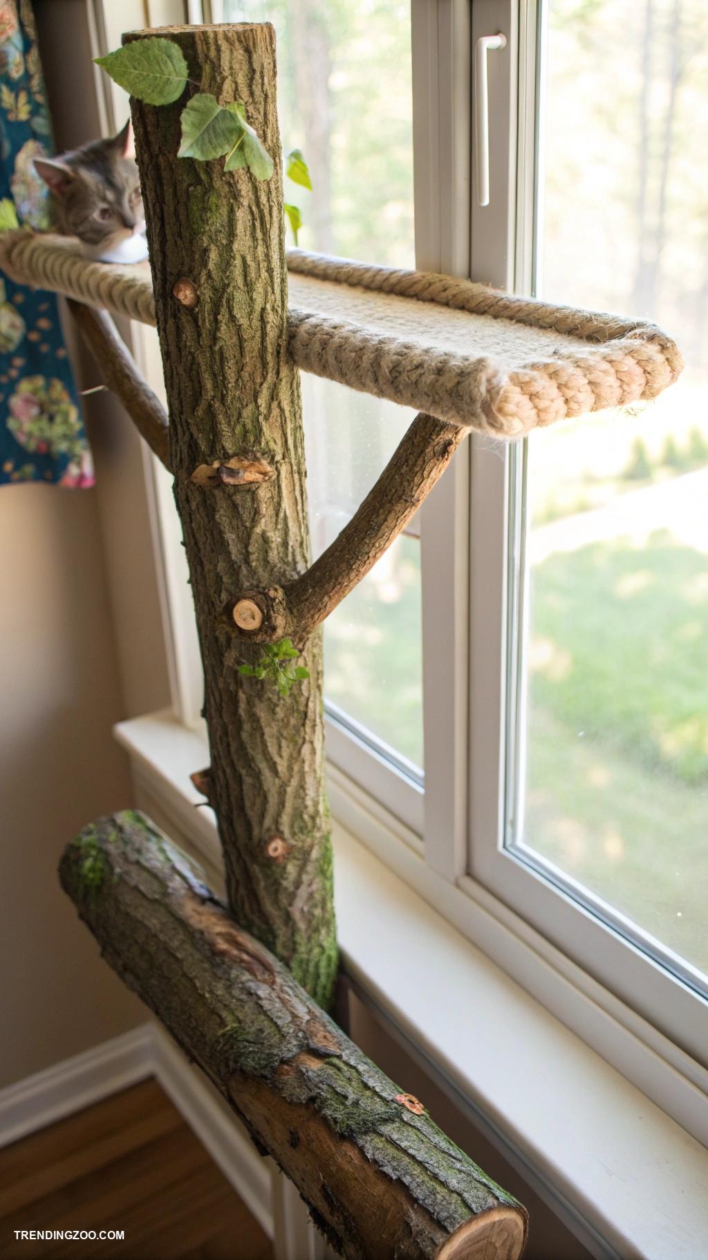 pet window perch with stairs Nature inspired branch perch with climbing rungs