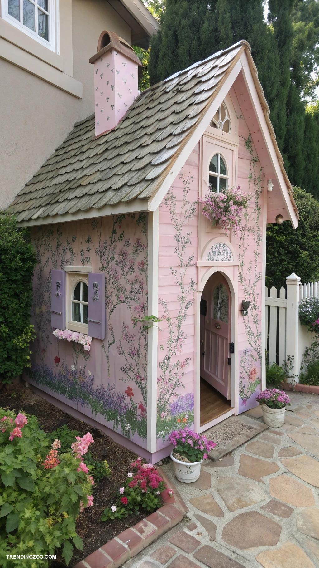 pink cat house ideas Cottage style with flower patterned walls