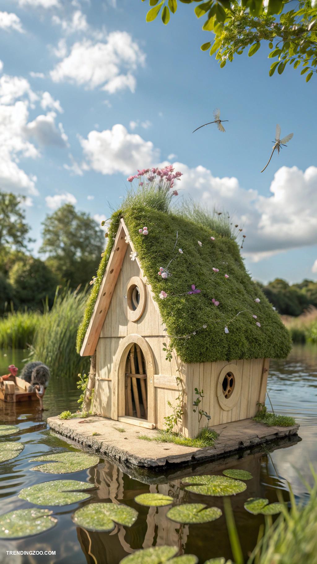 bunny sheds Floating bunny hut on a small pond