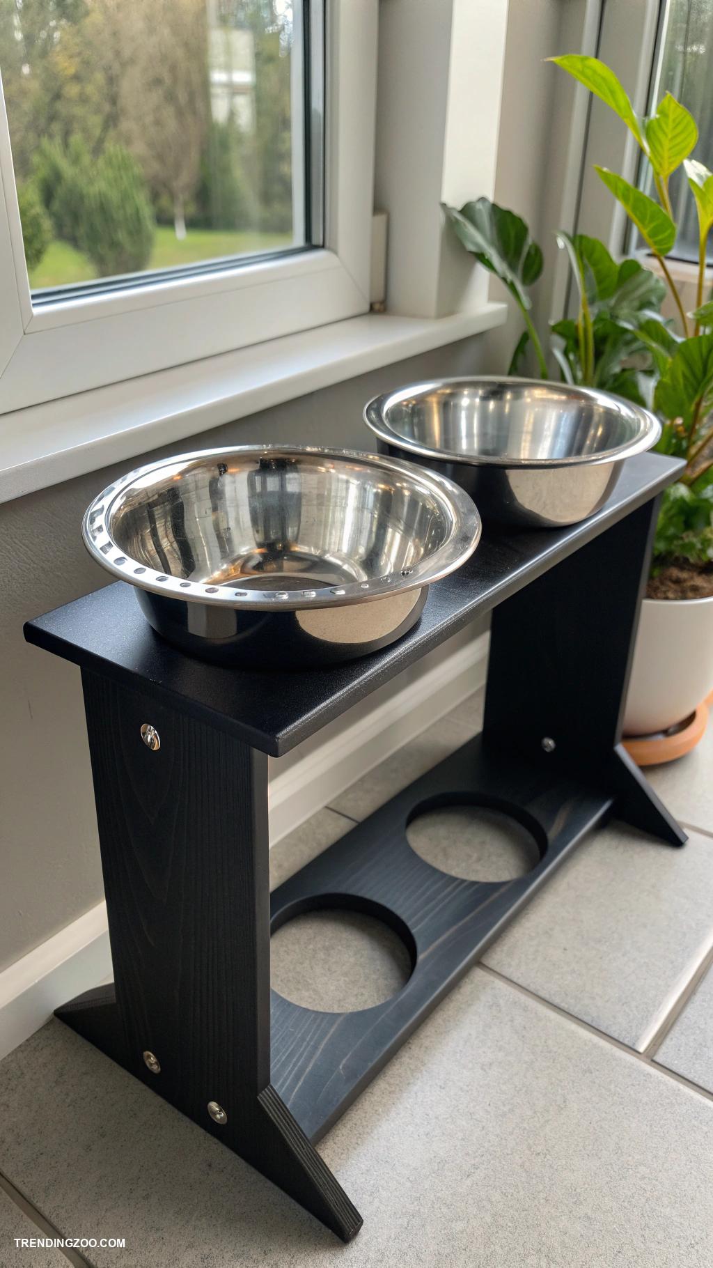cat food station ideas Elevated stainless steel bowls for easy access