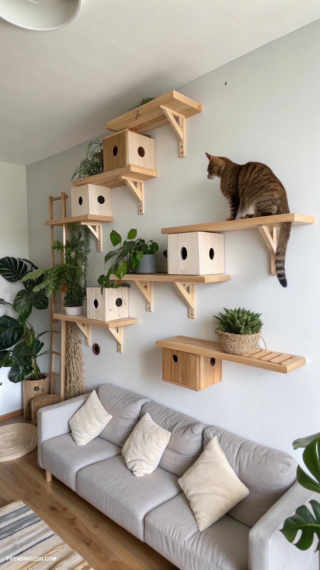 cat friendly home ideas DIY cat climbing wall from wooden shelves