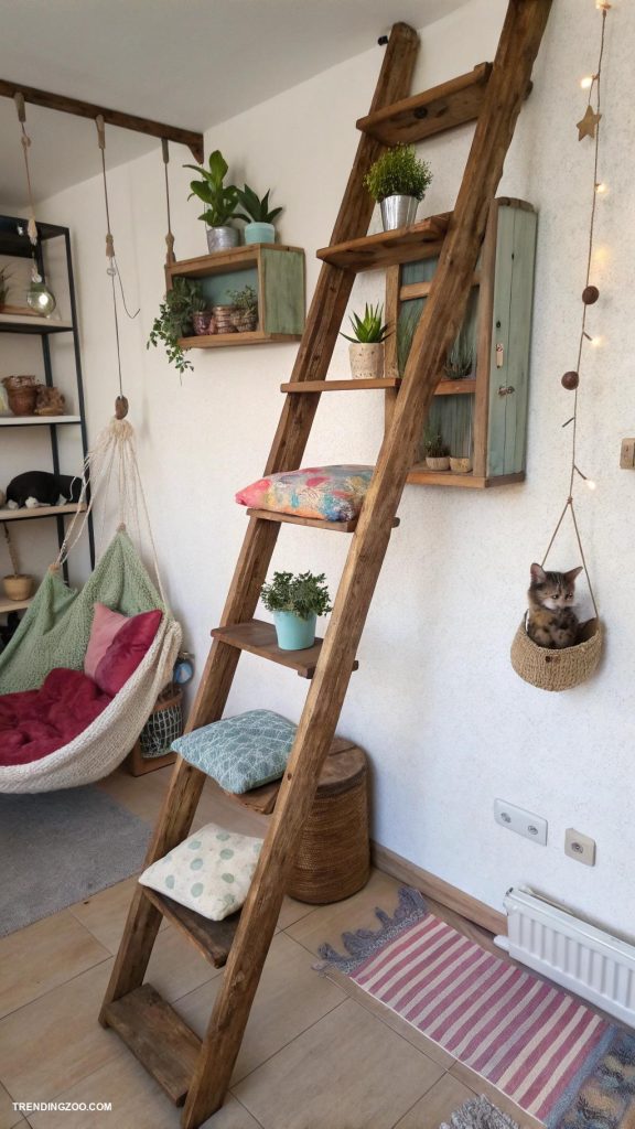 cat friendly home ideas Repurposed furniture for a feline playground