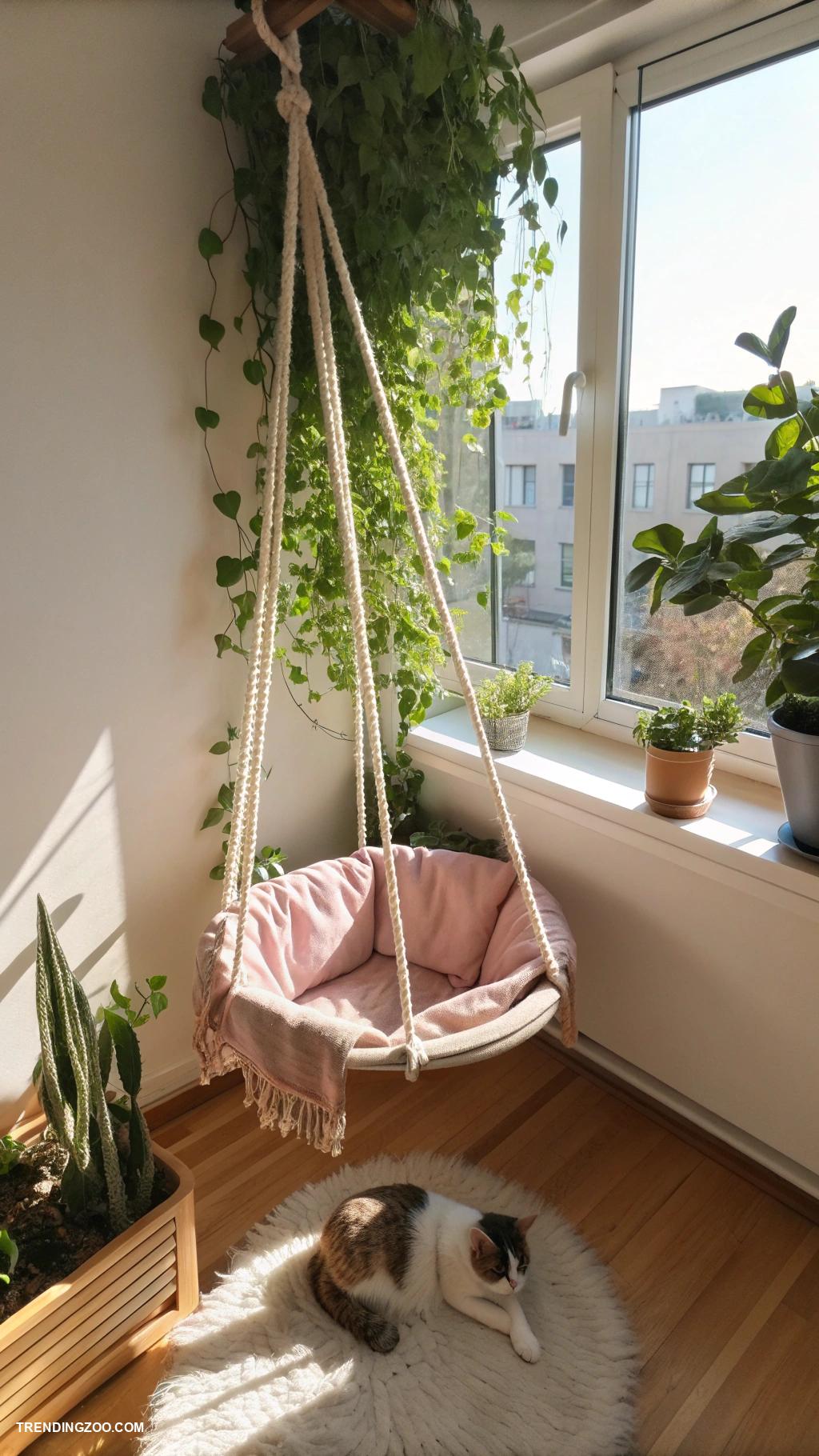 cat set up in apartment Hanging basket swings for relaxation