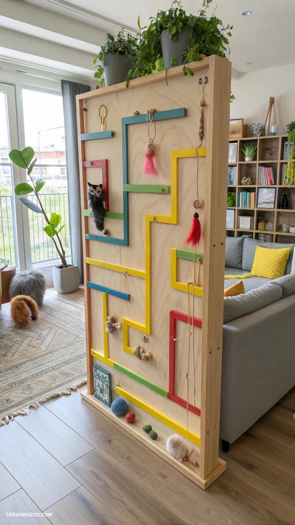 cat set up in apartment Interactive wall maze with toys