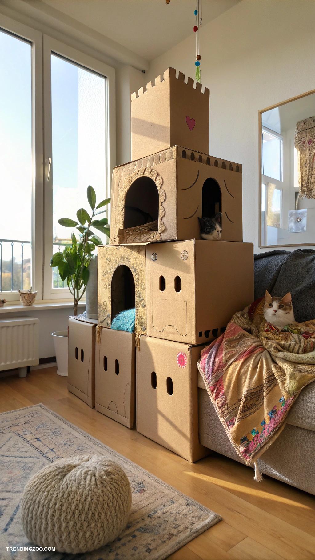 cat set up in apartment Multi level cardboard box fort
