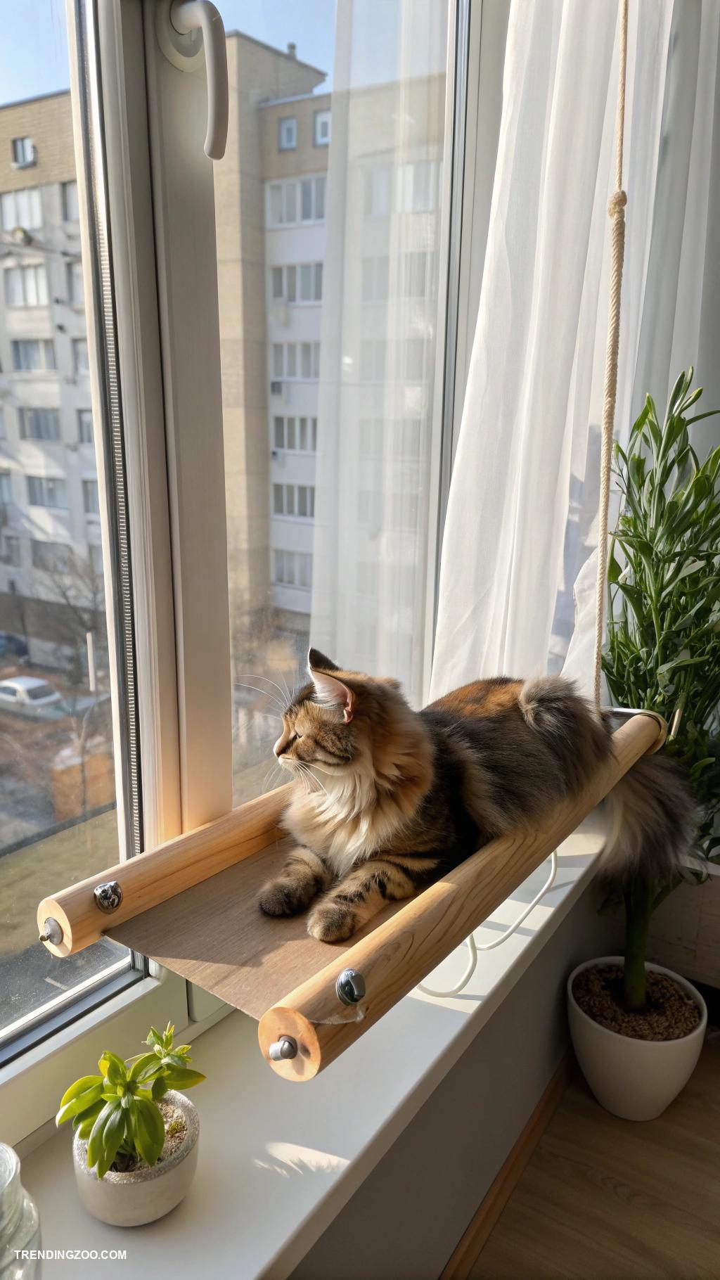 cat set up in apartment Suction cup cat shelf by window