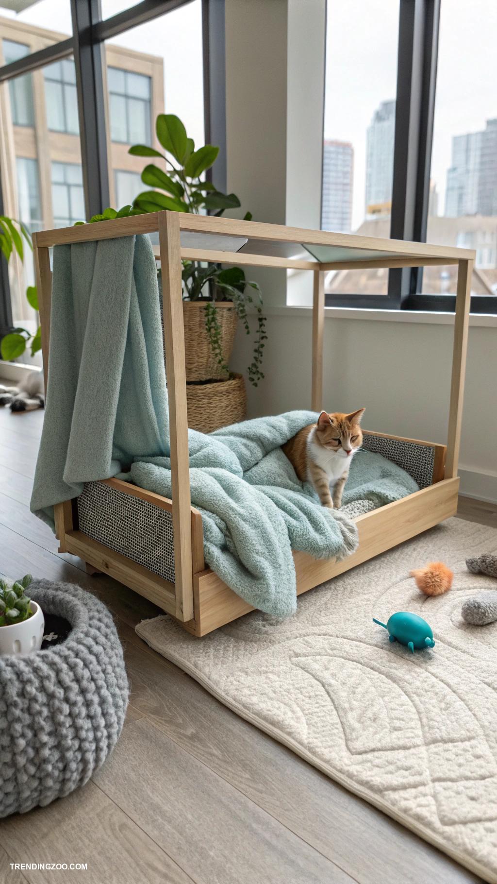 cat set up in apartment Under bed hideaway with soft blankets
