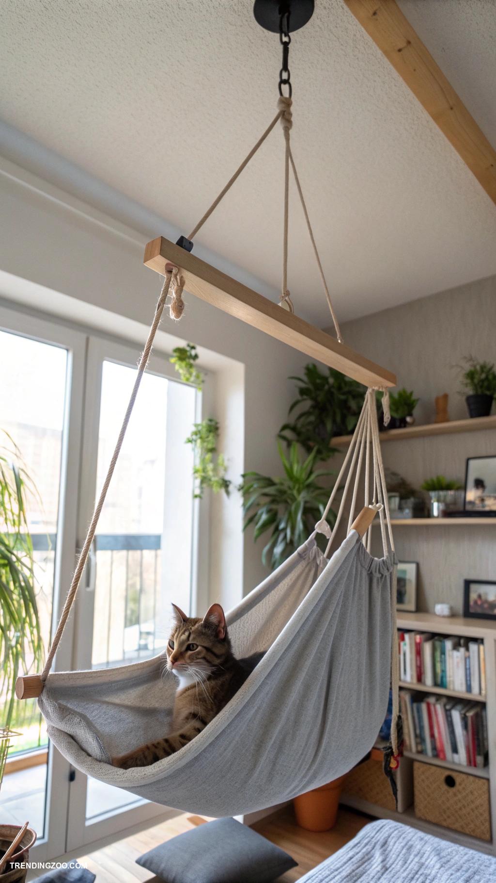catification ideas Hanging cat hammock from ceiling