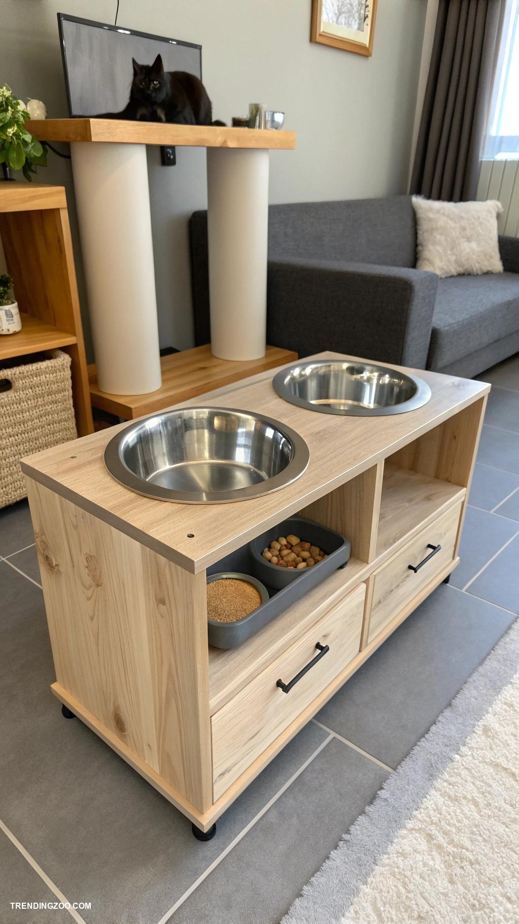 catification ideas Integrated pet feeding station