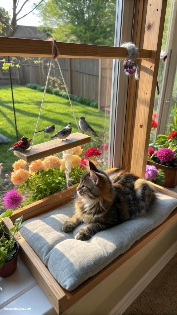 catification ideas Window perch with a bird feeder