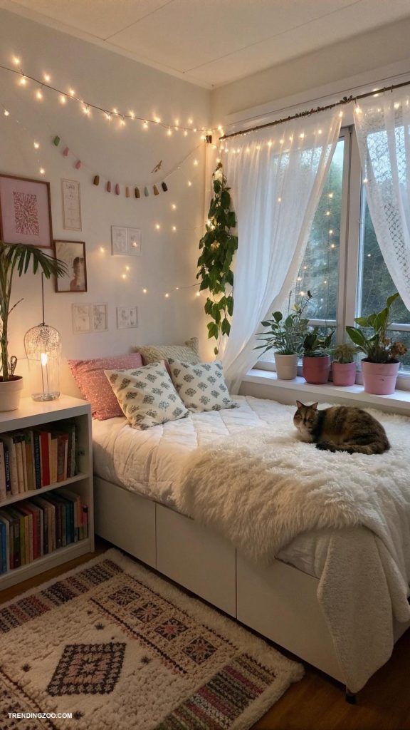 cozy bedroom ideas with cat Cozy fairy lights for a soft ambiance