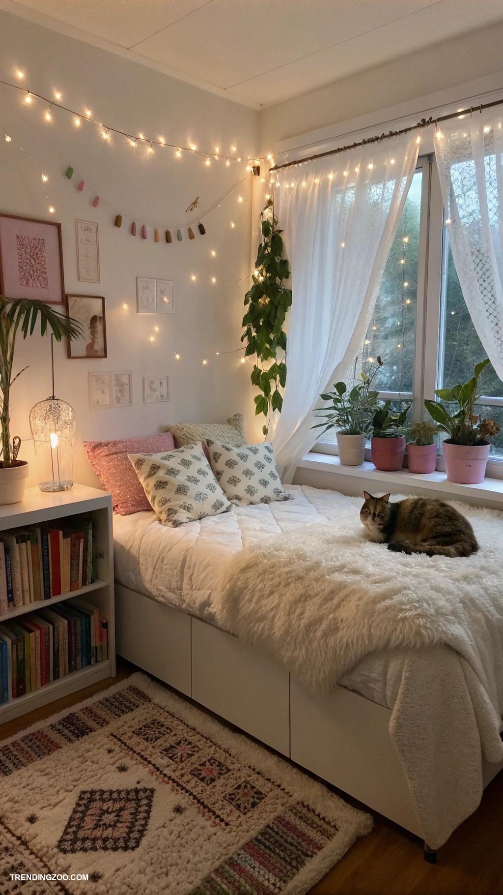 cozy bedroom ideas with cat Cozy fairy lights for a soft ambiance