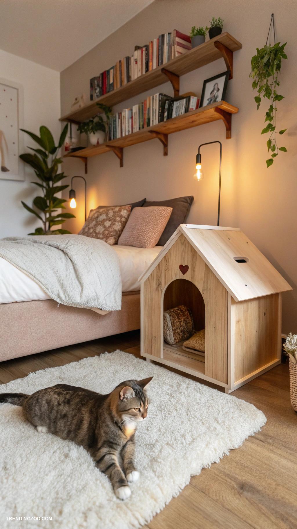 cozy bedroom ideas with cat DIY cat house tucked beside the bed