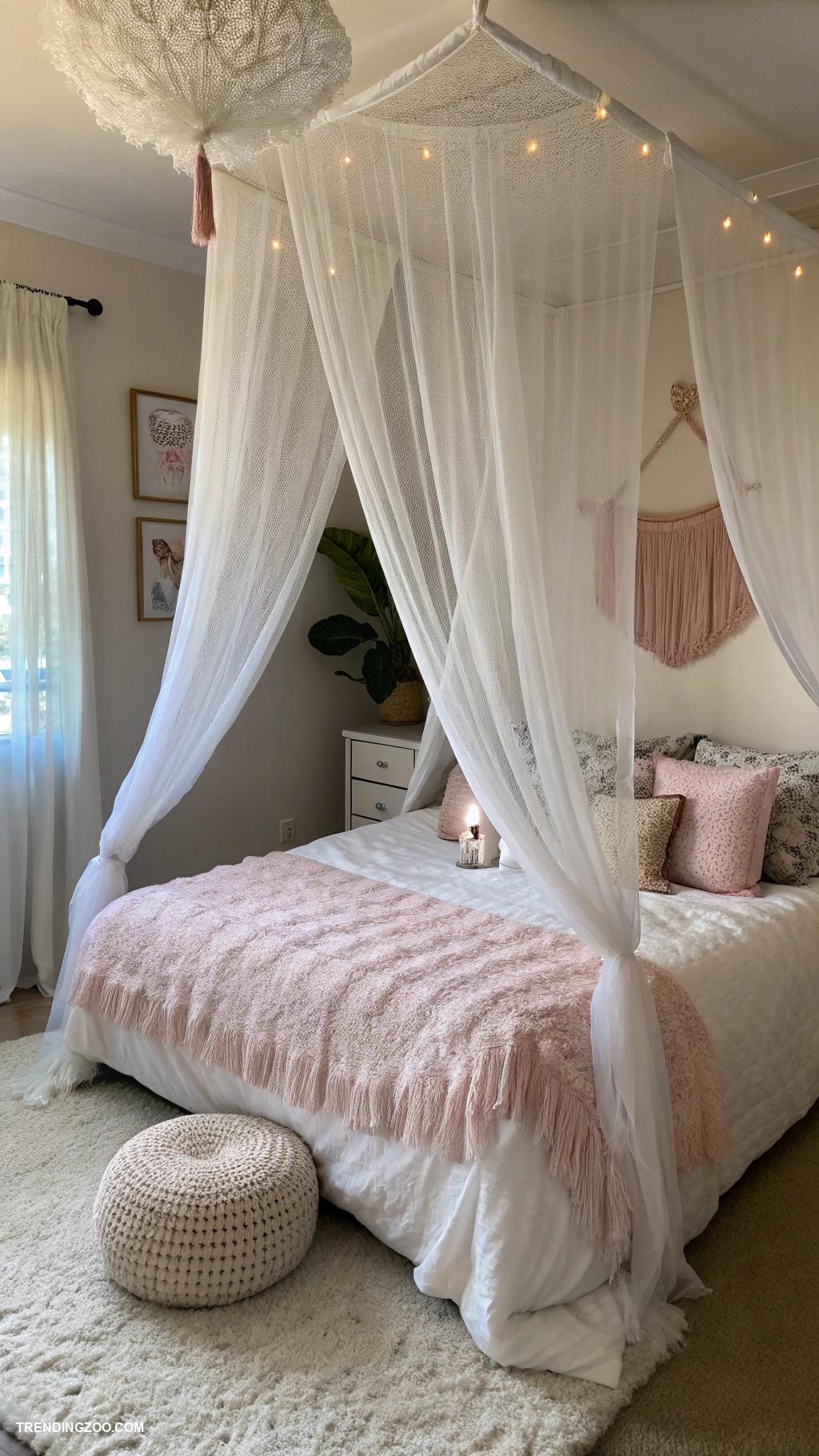 cozy bedroom ideas with cat Draped canopy for a serene sleeping space