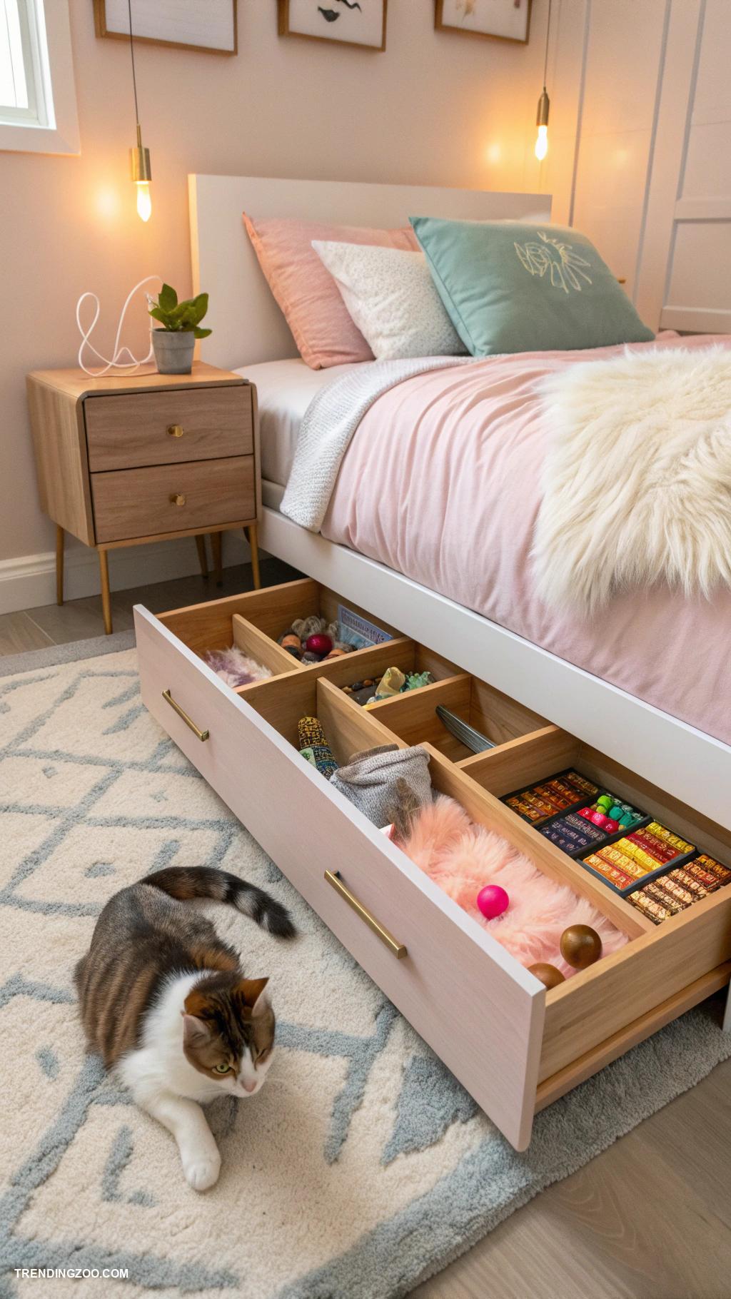 cozy bedroom ideas with cat Under bed storage for toys and cat essentials