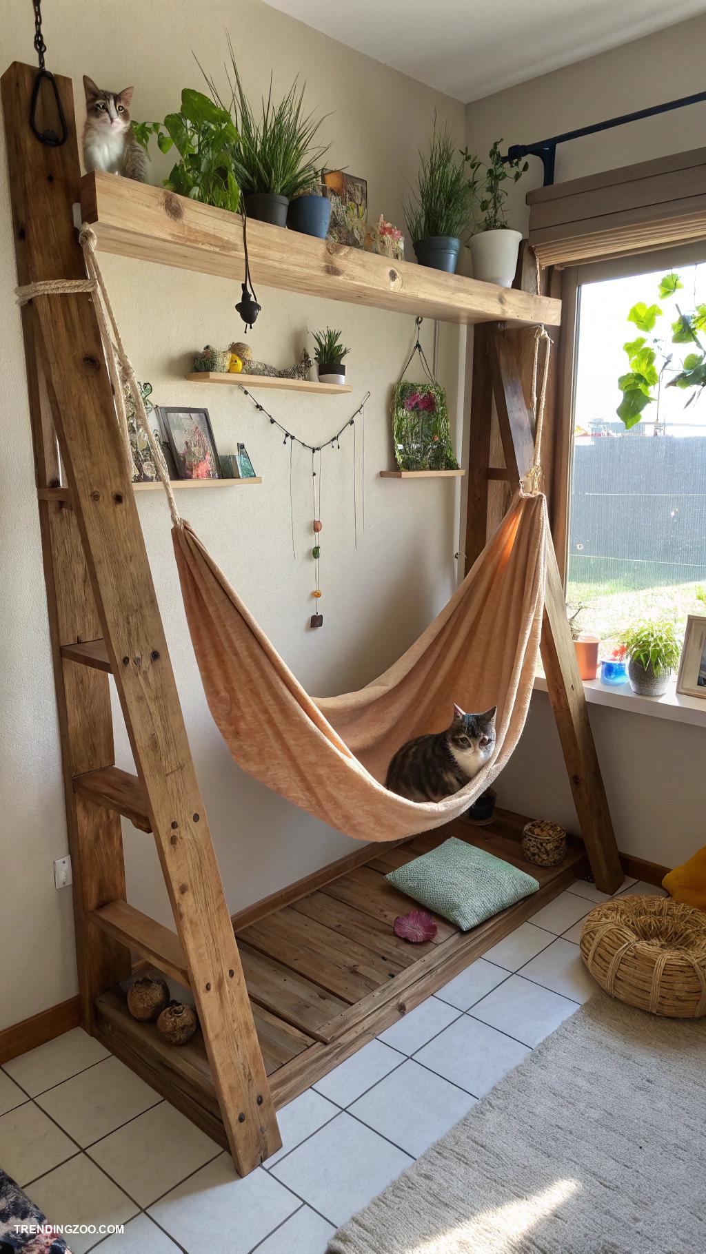 cozy cat shack ideas Hammock between two sturdy shelves