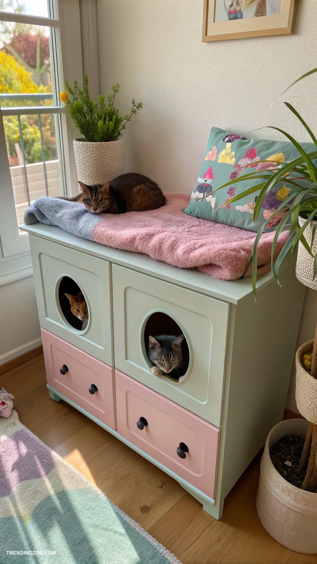 cozy cat shack ideas Repurposed dresser with cut out entrances