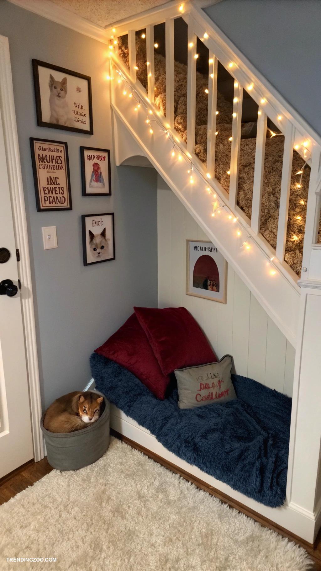 cozy cat shack ideas Under stairs retreat with plush bedding