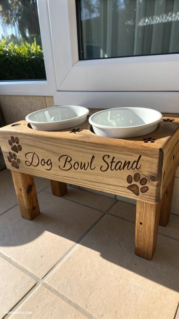 dog bowl stands Wooden rustic style with engraved pet name