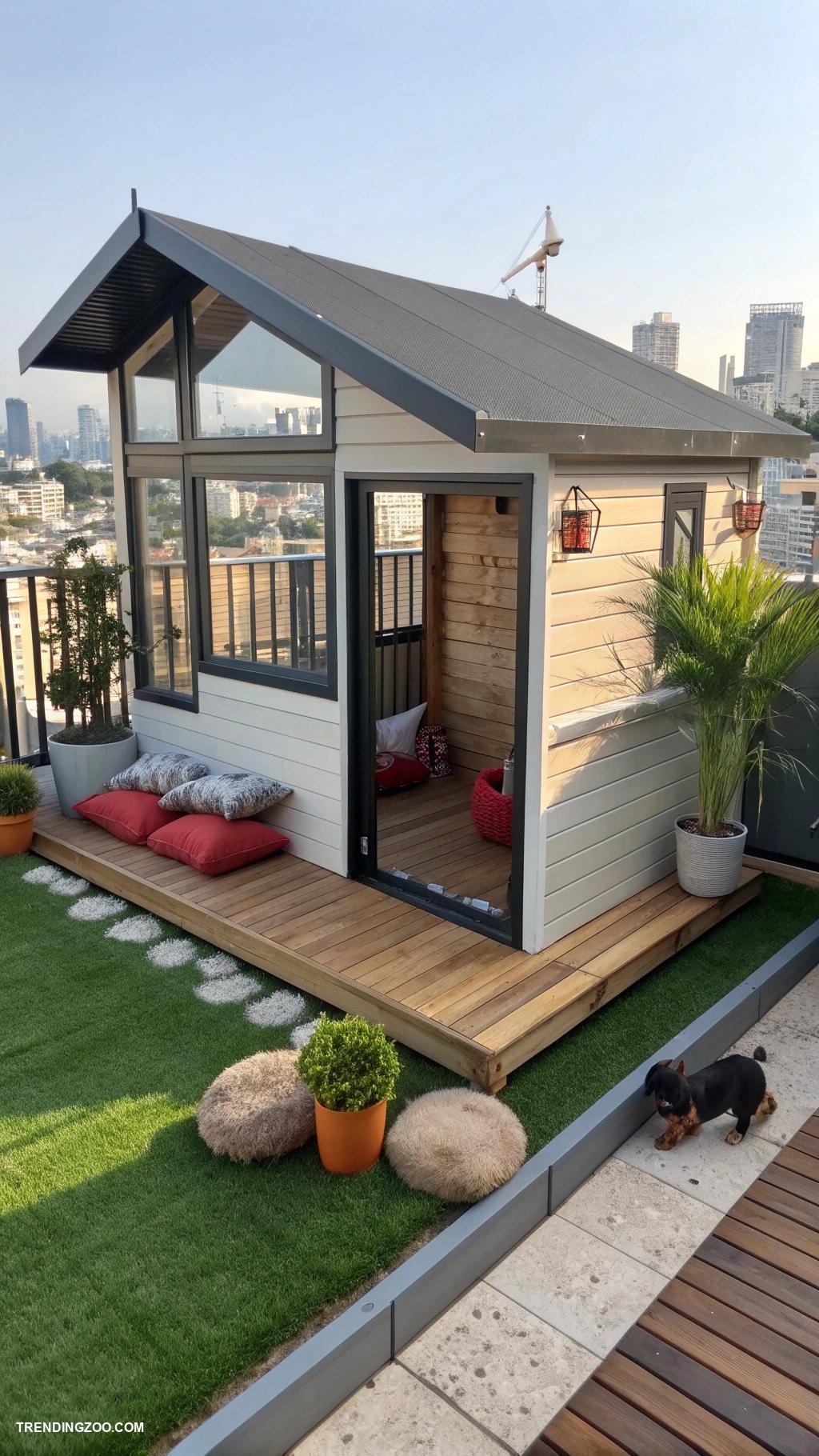 dog enclosure ideas outdoor Rooftop doghouse with grassy lounging area