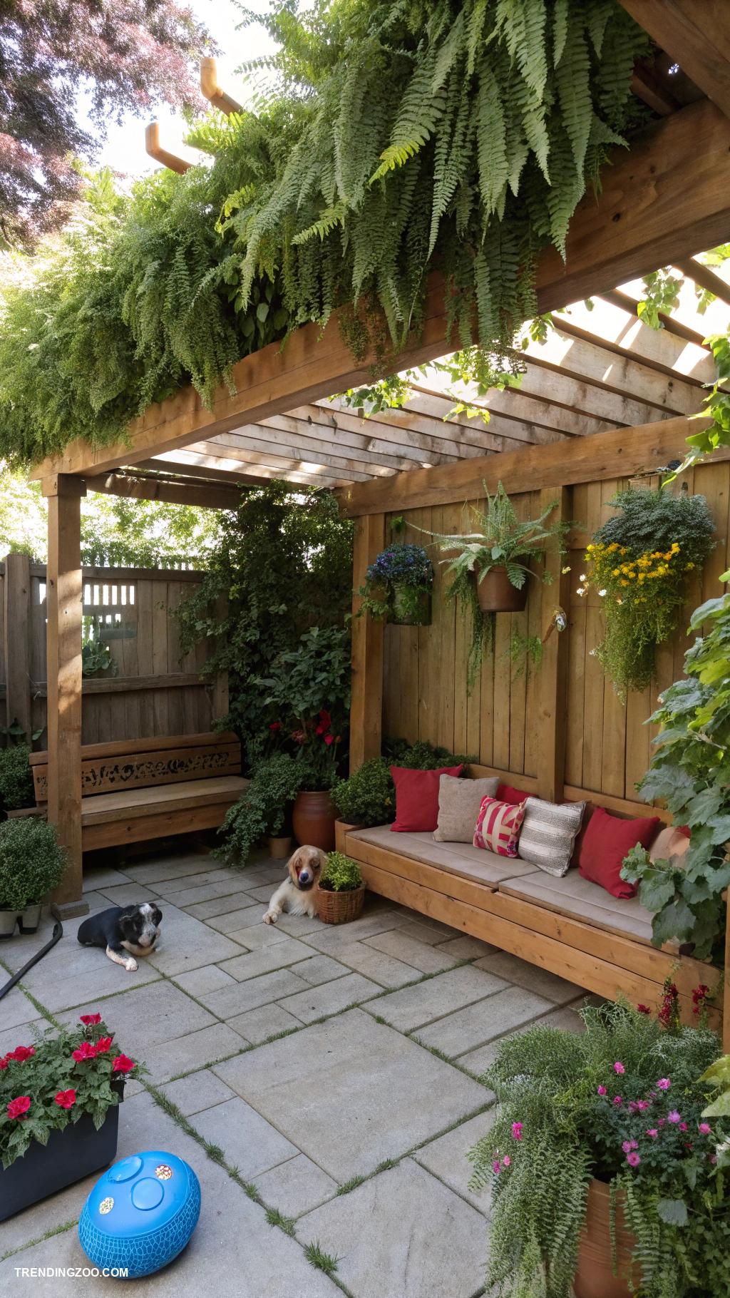 dog enclosure ideas outdoor Shady pergola with hanging plants and toys