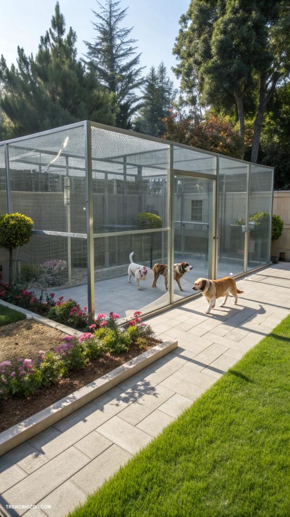 dog enclosure ideas outdoor Transparent fence for visibility and safety