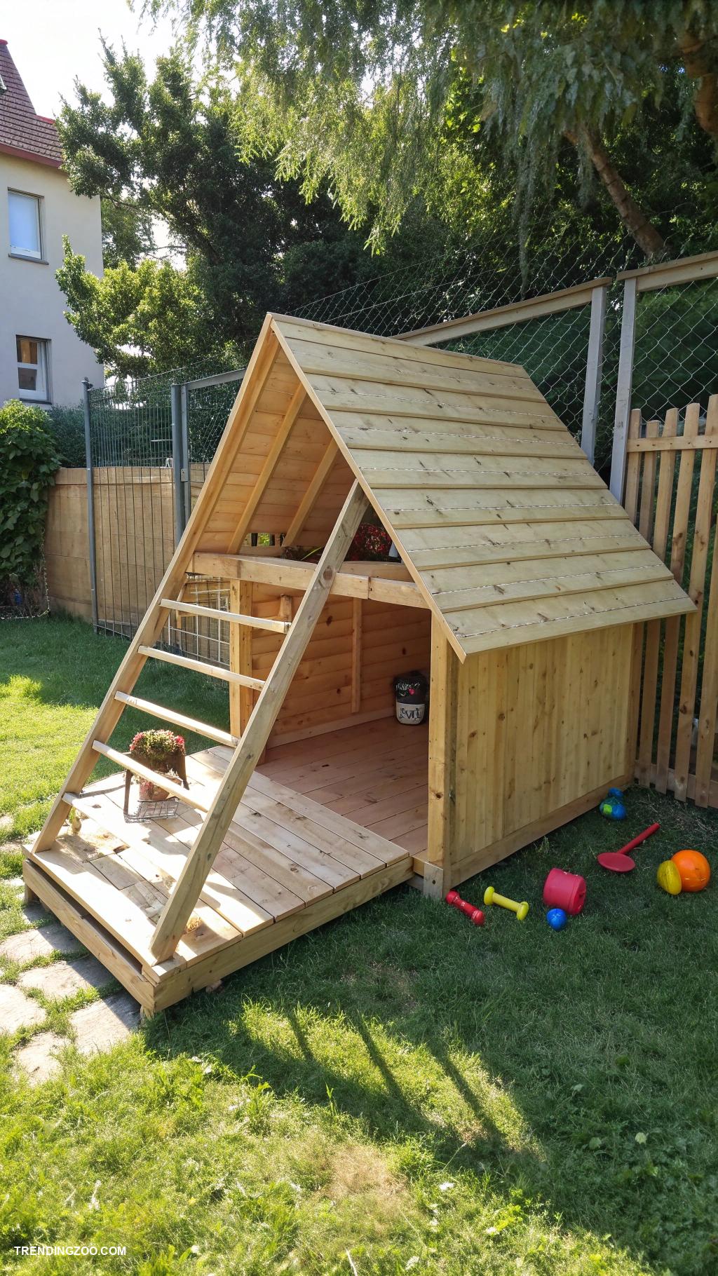 dog enclosure ideas outdoor Wooden A frame shelter with climbing features