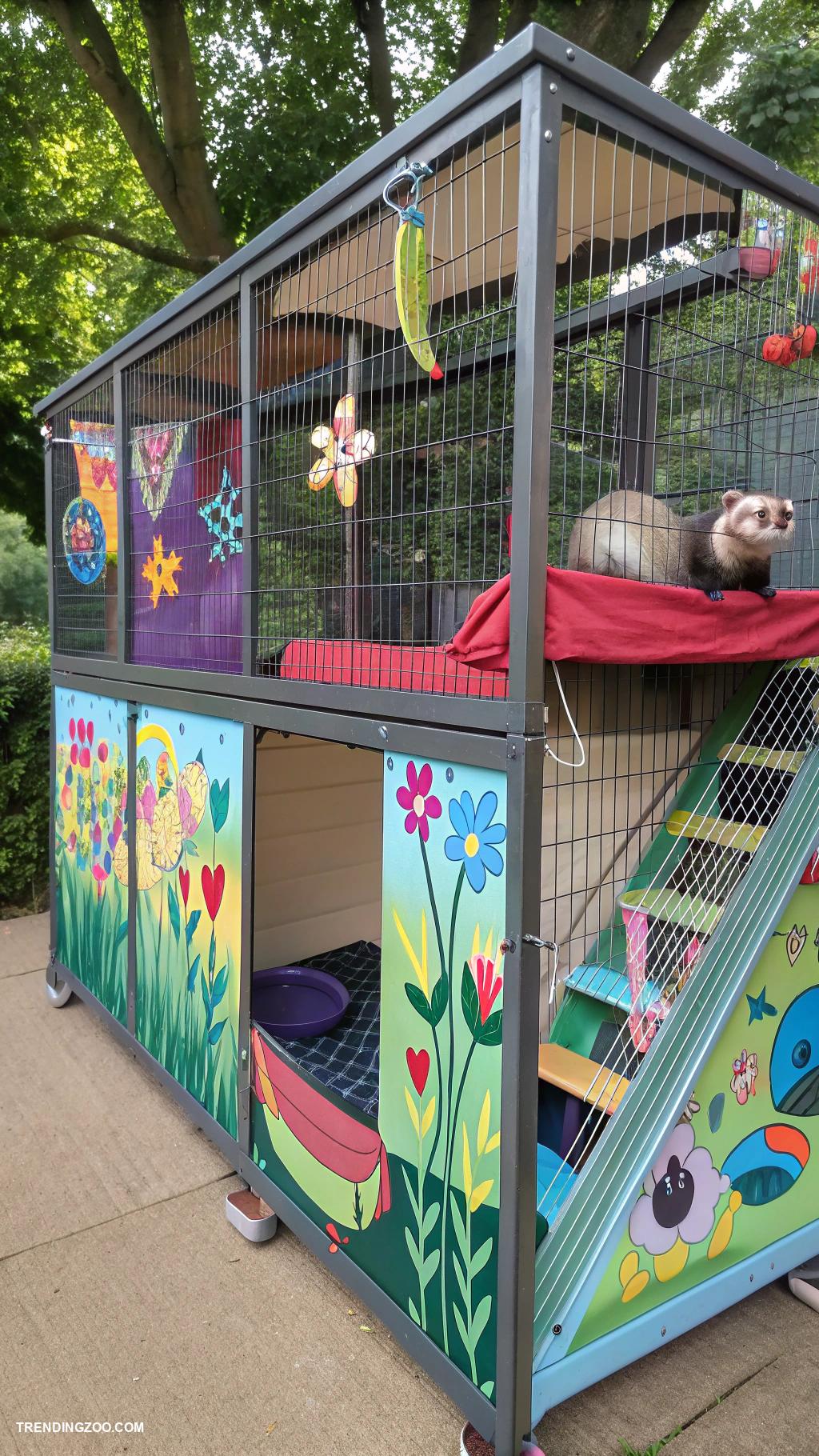ferret cage ideas Artistic cage featuring murals and colors
