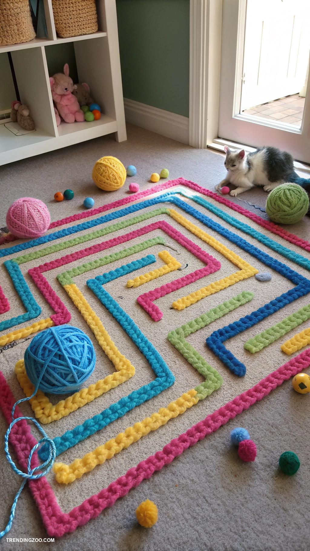kitten set up ideas Colorful yarn maze for playful exploration