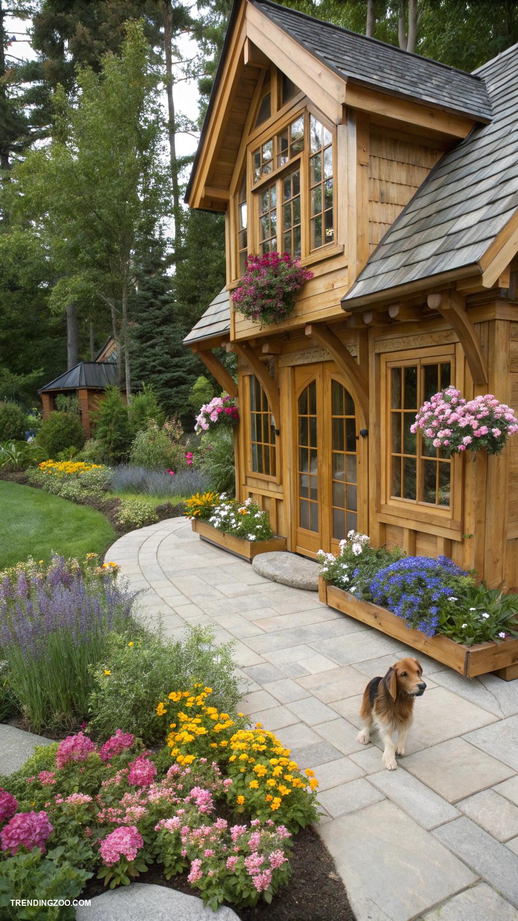 luxury dog house designs Cozy cottage with flower garden surroundings