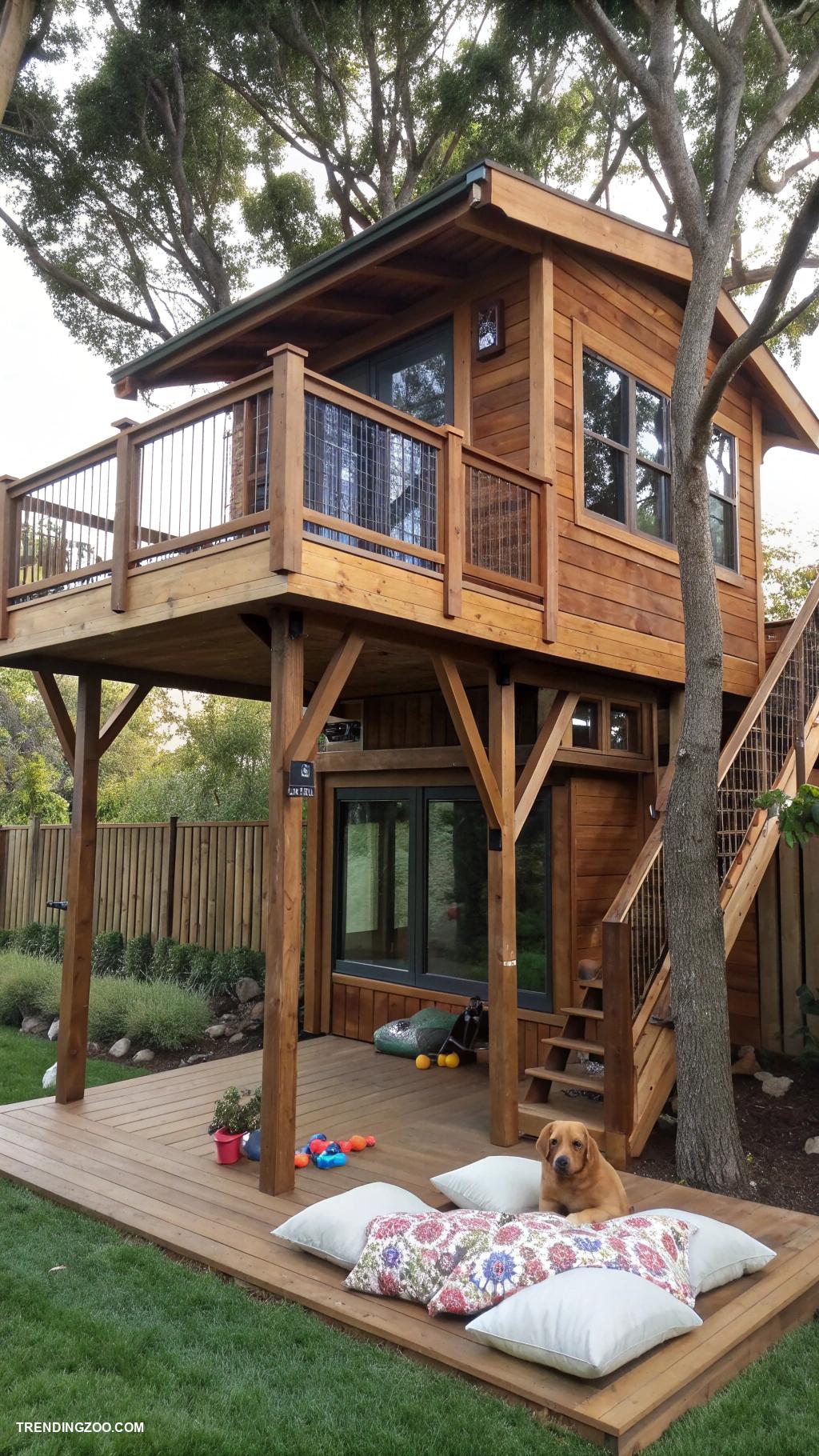 luxury dog house designs Treehouse with slide and balcony access