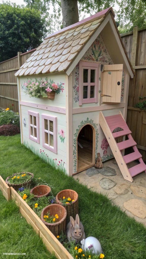 outdoor bunny habitat ideas Cottage themed playhouse with access