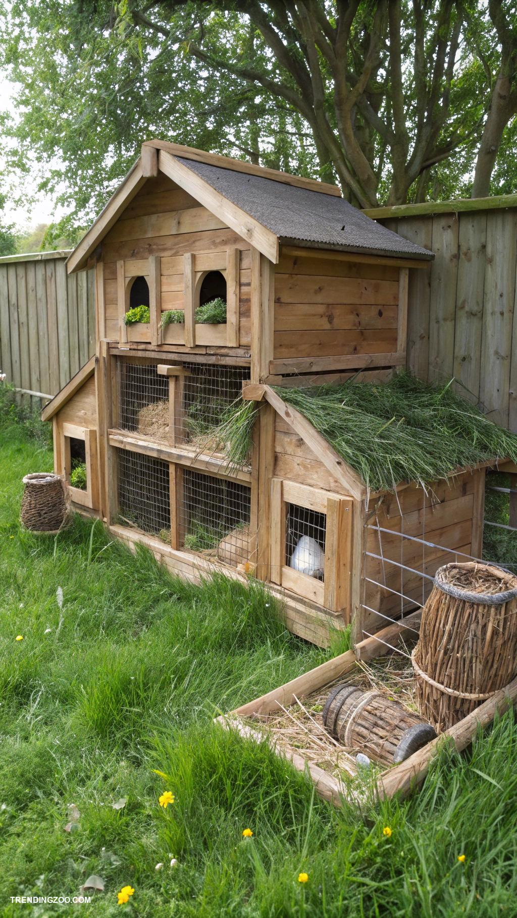 outdoor bunny habitat ideas Rustic wooden hut with multiple levels
