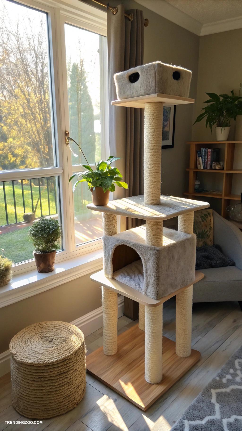 pet areas in house Custom built cat tree near sunlit window