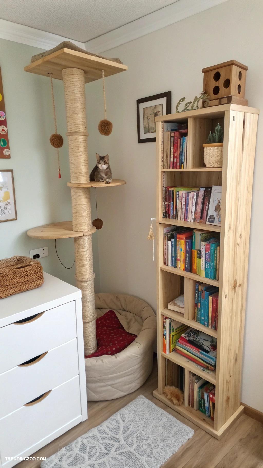 small cat friendly bedroom ideas Cat tree integrated with bookshelves