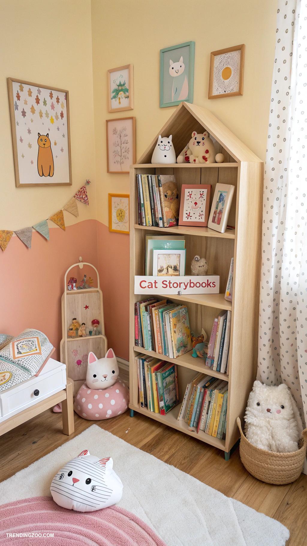 cat bedroom ideas for kids Bookshelf featuring cat stories and toys