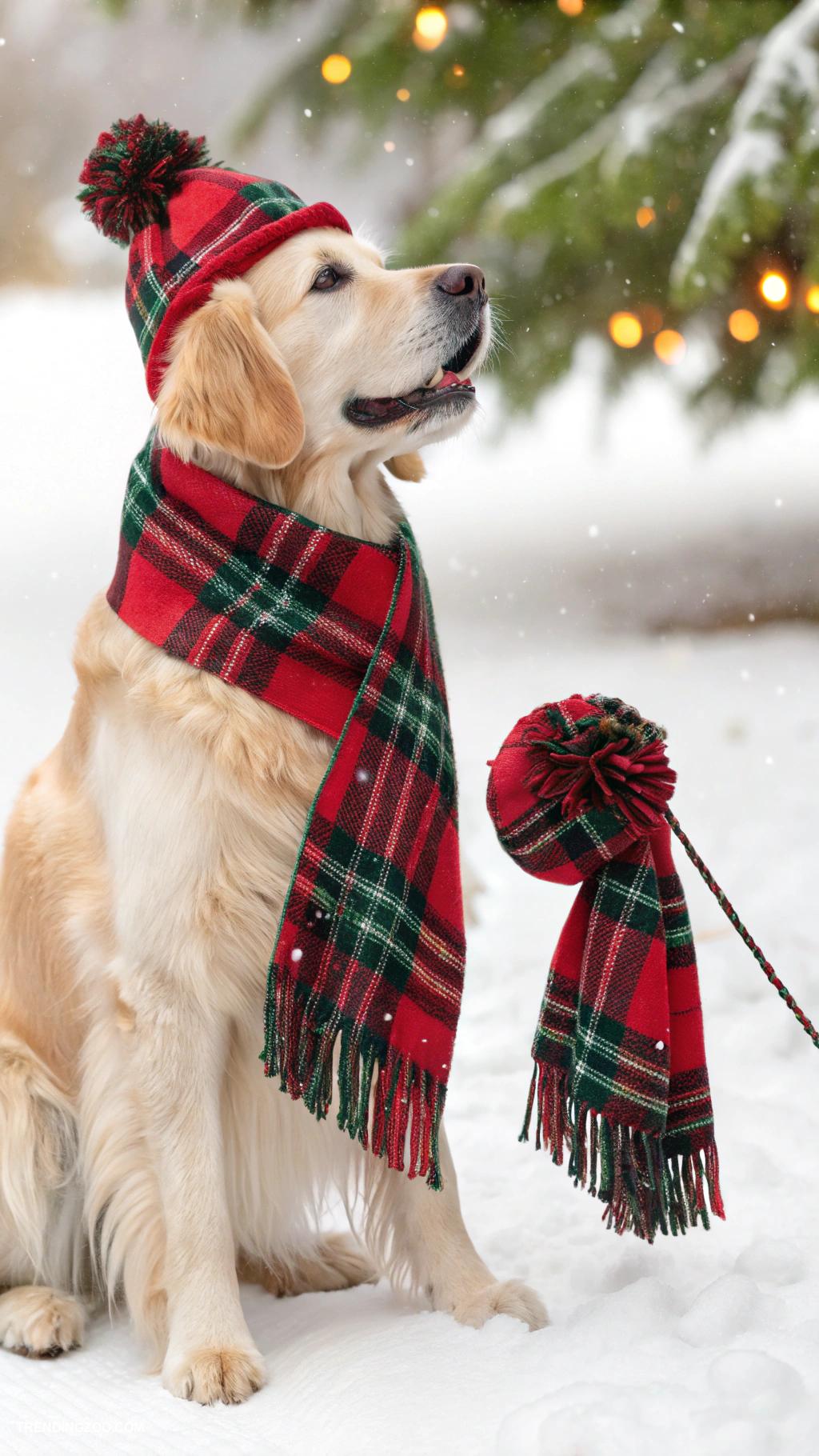 christmas dog outfits Cozy plaid scarf and cap combo