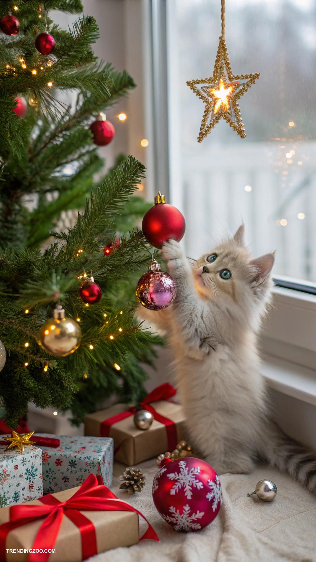 christmas kittens Kittens exploring a Christmas tree