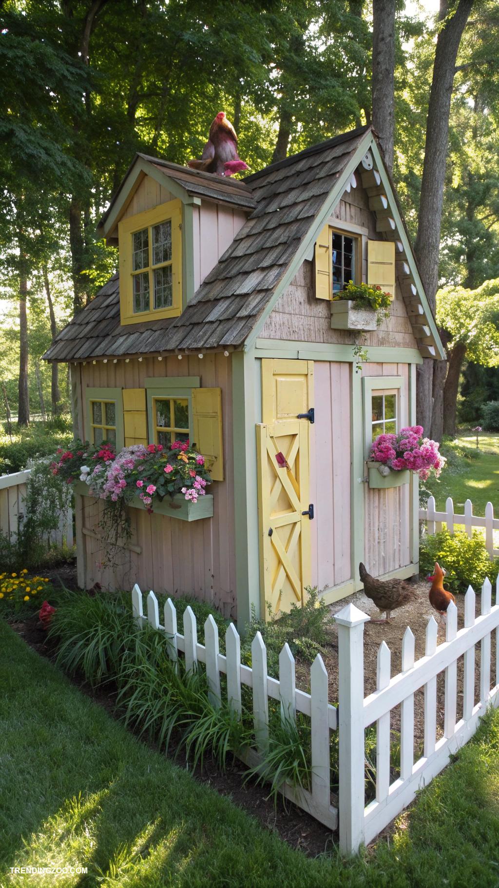 colorful chicken coops Charming cottage style coop with bright shutters