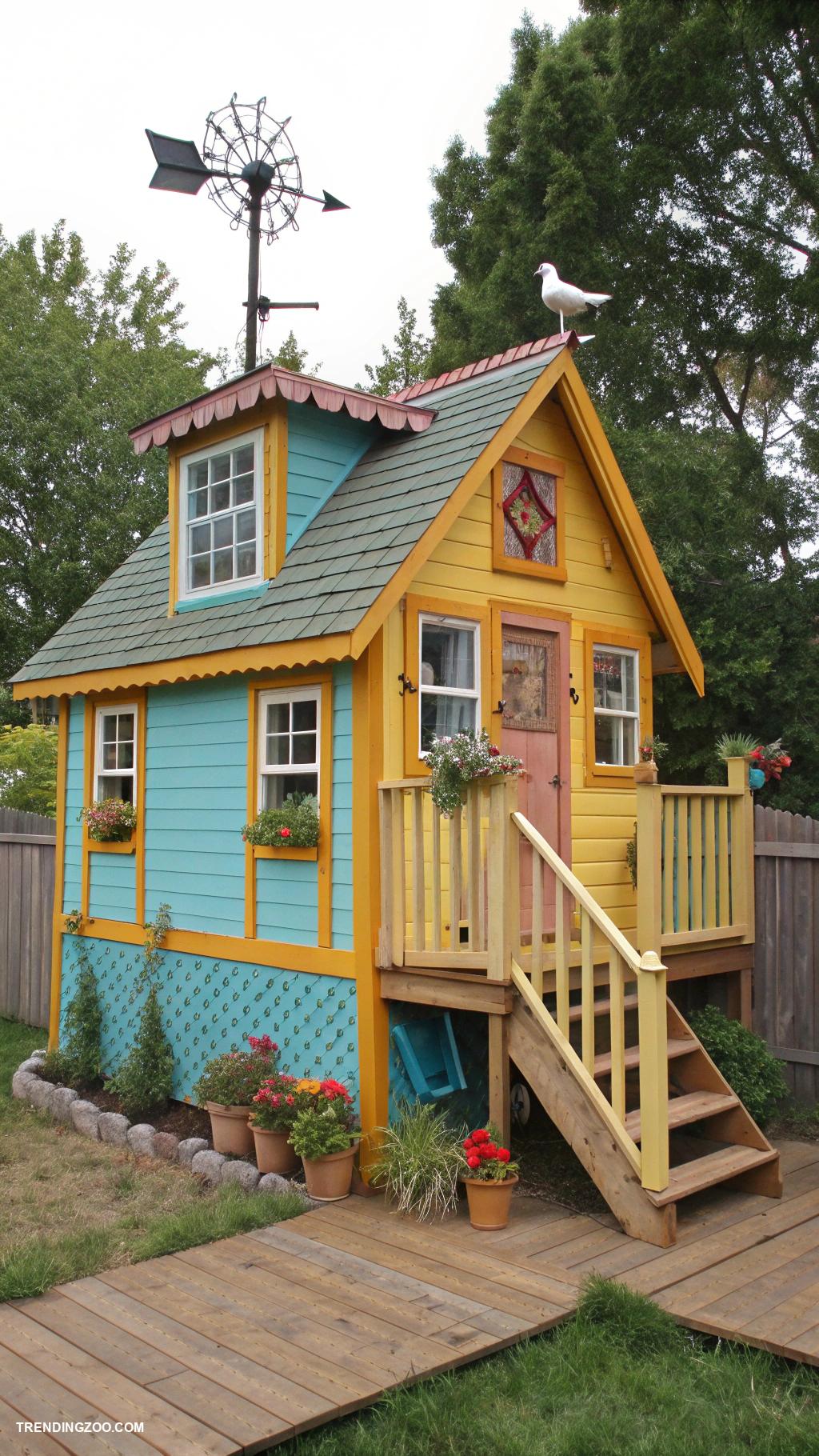 colorful chicken coops Colorful rooftop henhouse with weather vane
