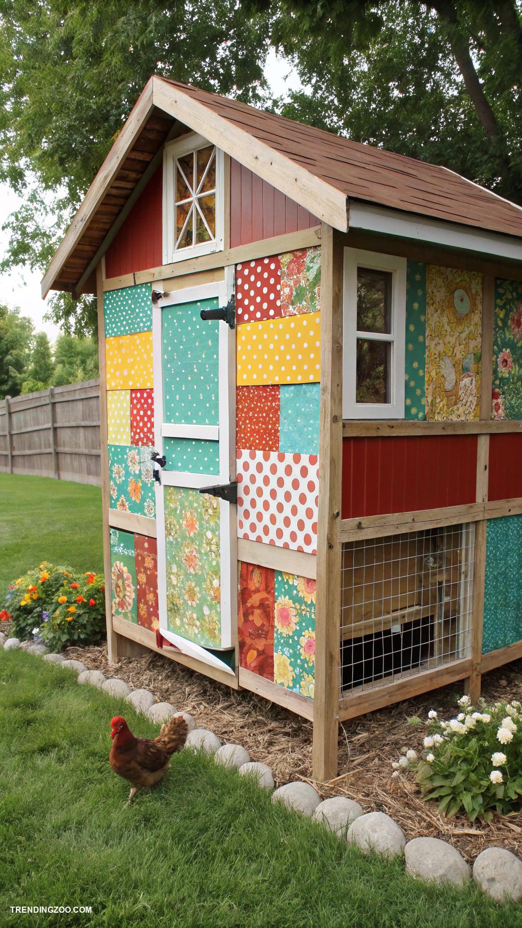 colorful chicken coops Patchwork quilt style exterior paint scheme