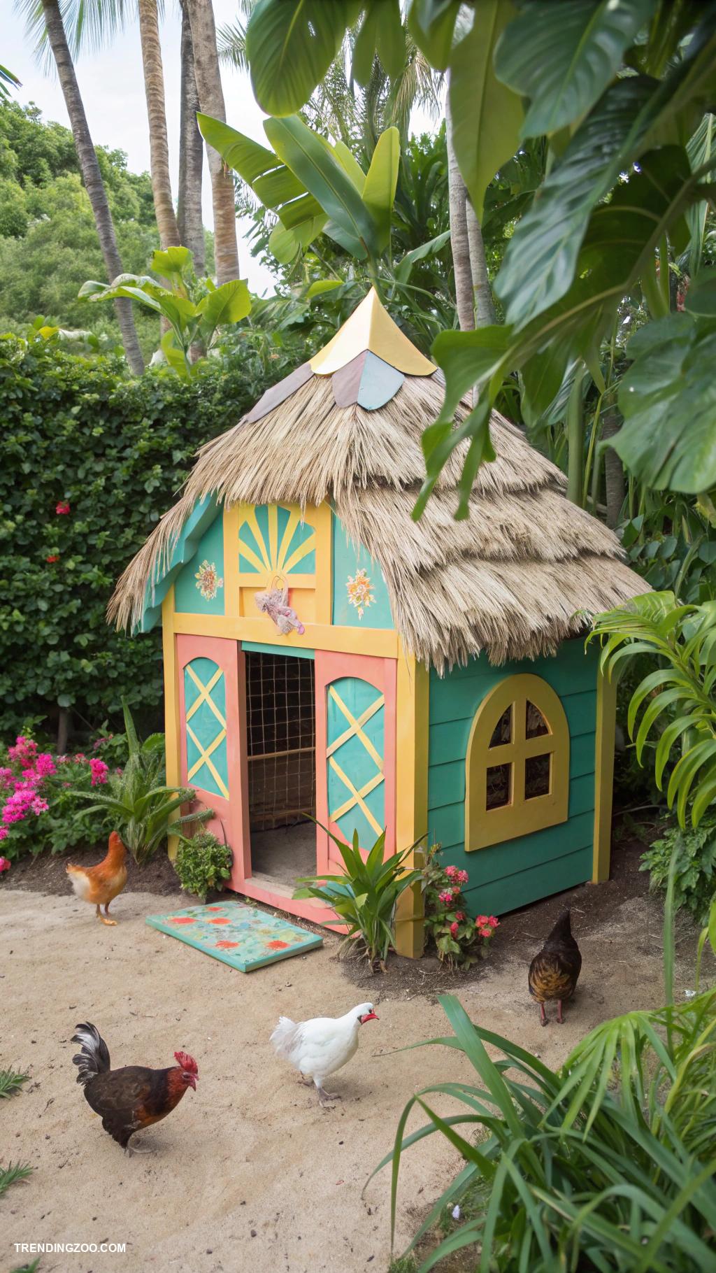 colorful chicken coops Tropical theme with palm leaf accents