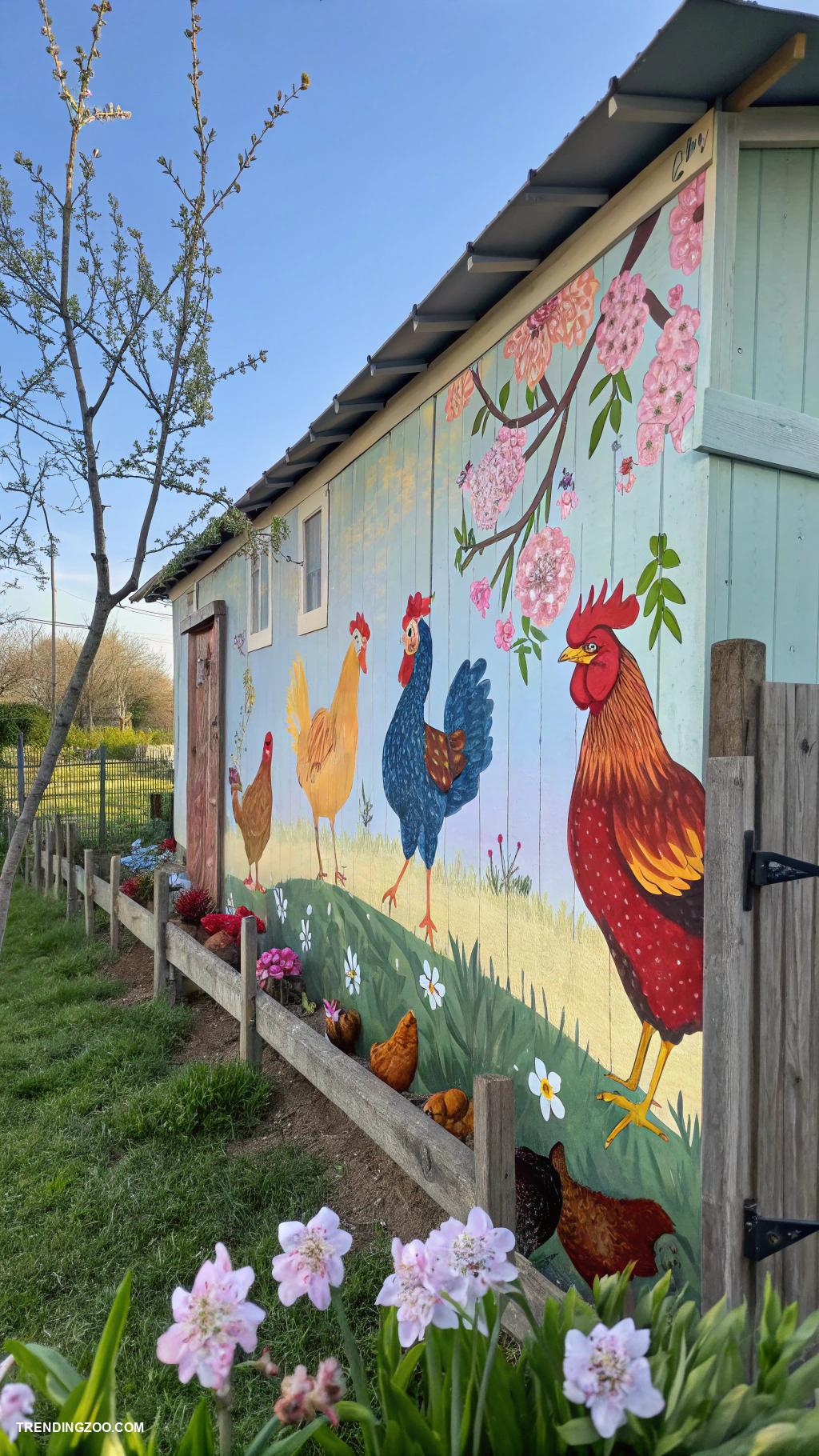 colorful chicken coops Vibrant mural of chickens on coop walls