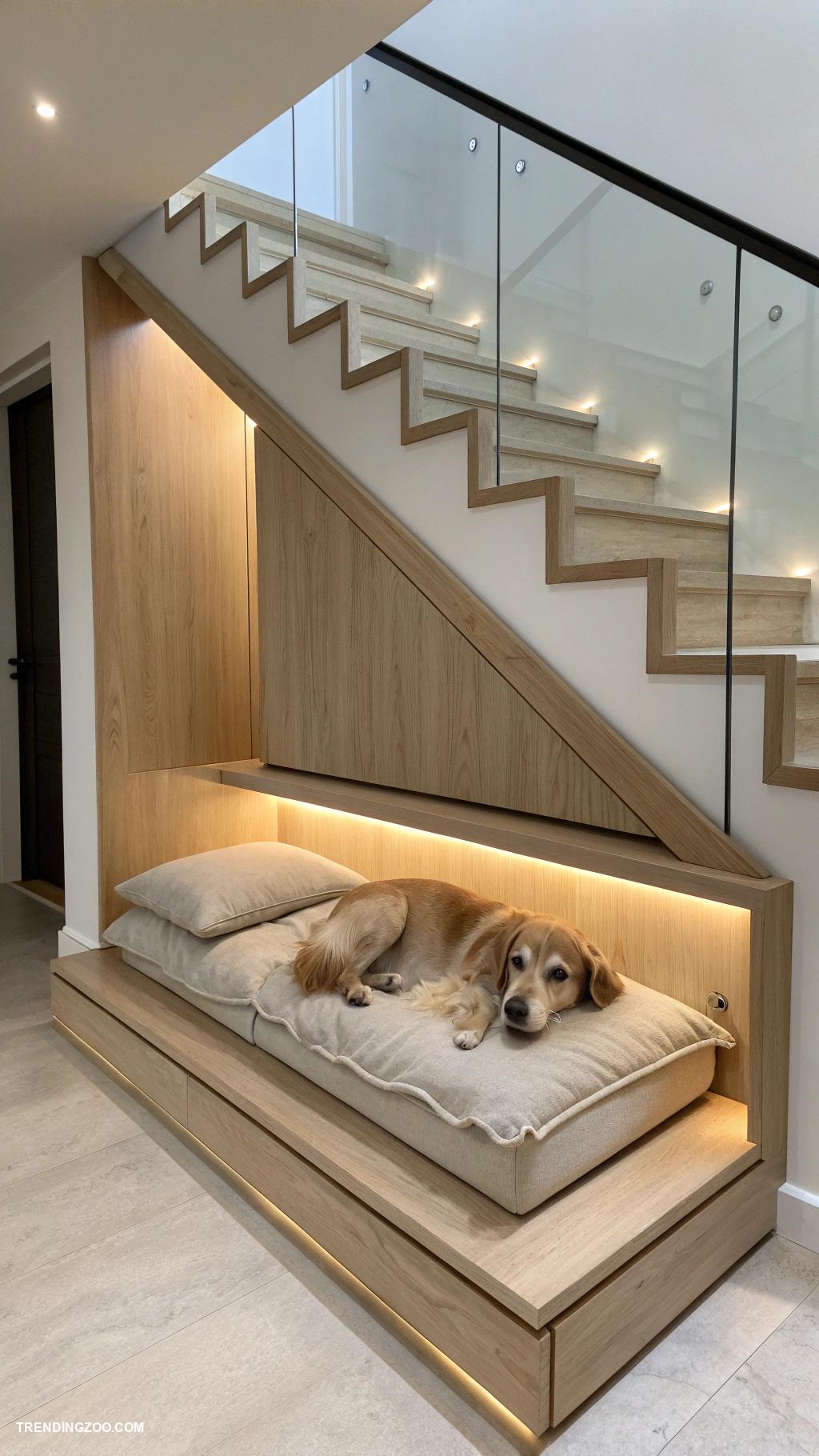 dog bed under stairs Sleek minimalist dog bed shelf design