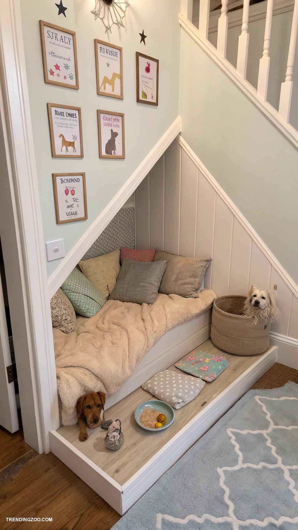 dog bed under stairs Under stair cubby with soft bedding