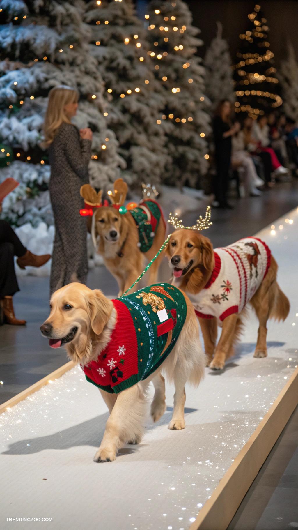 golden retriever christmas Festive golden retriever sweater fashion show