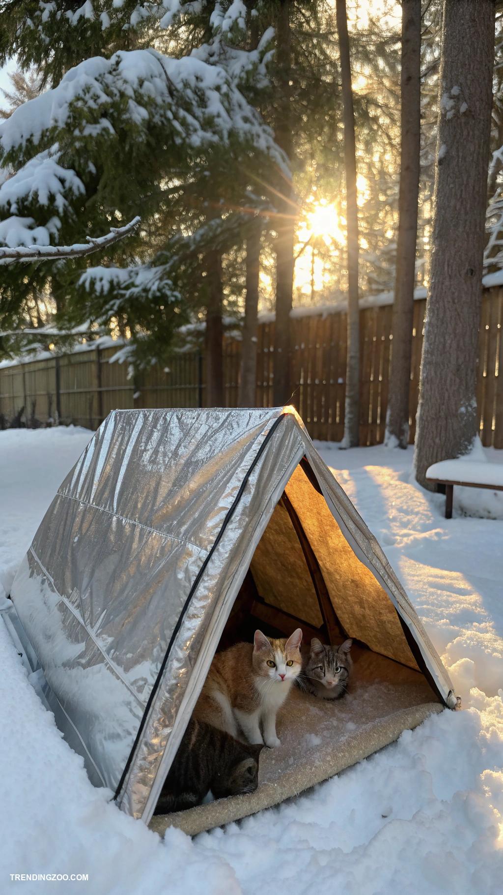 winter cat shelter ideas Heat reflective emergency blankets inside shelters