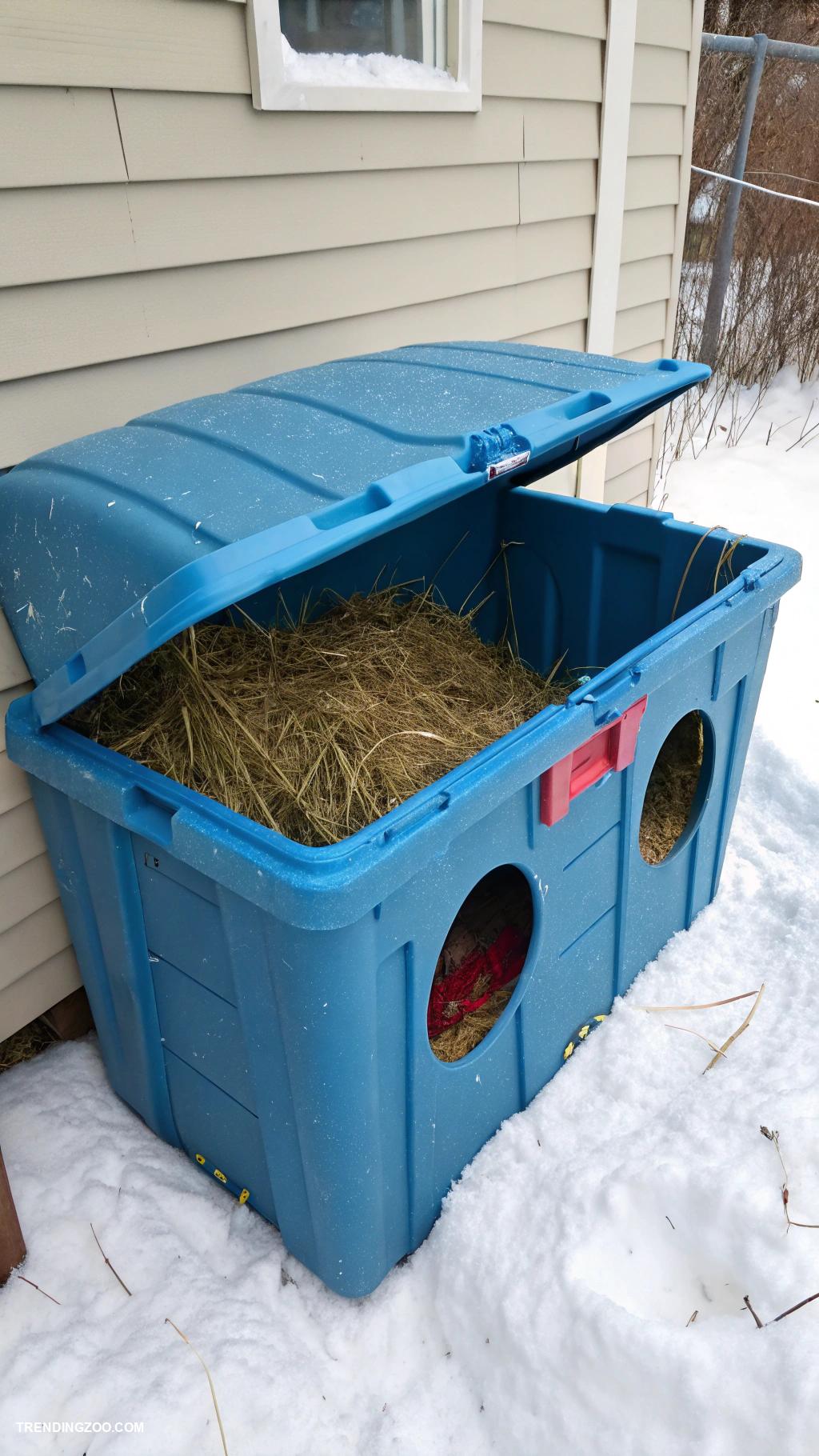 winter cat shelter ideas Storage bins with holes for entry points